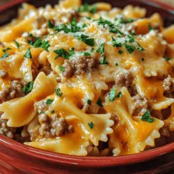 In the realm of comfort food, few dishes can rival the simplicity and satisfaction of Cheesy Beef and Bowtie Pasta in Garlic Butter. This delightful recipe is not only a family favorite but also a go-to for busy weeknights when time is of the essence but a hearty meal is still desired. The dish brings together a perfect blend of flavors, where the richness of ground beef meets the creaminess of melted cheese, all enveloped in a delicate garlic butter sauce. The bowtie pasta adds a charming texture that captures the sauce beautifully, creating a meal that feels indulgent yet approachable.