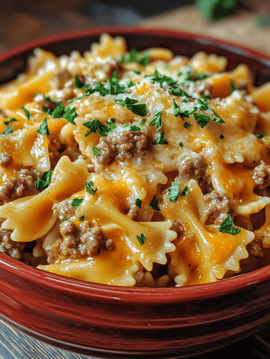 In the realm of comfort food, few dishes can rival the simplicity and satisfaction of Cheesy Beef and Bowtie Pasta in Garlic Butter. This delightful recipe is not only a family favorite but also a go-to for busy weeknights when time is of the essence but a hearty meal is still desired. The dish brings together a perfect blend of flavors, where the richness of ground beef meets the creaminess of melted cheese, all enveloped in a delicate garlic butter sauce. The bowtie pasta adds a charming texture that captures the sauce beautifully, creating a meal that feels indulgent yet approachable.