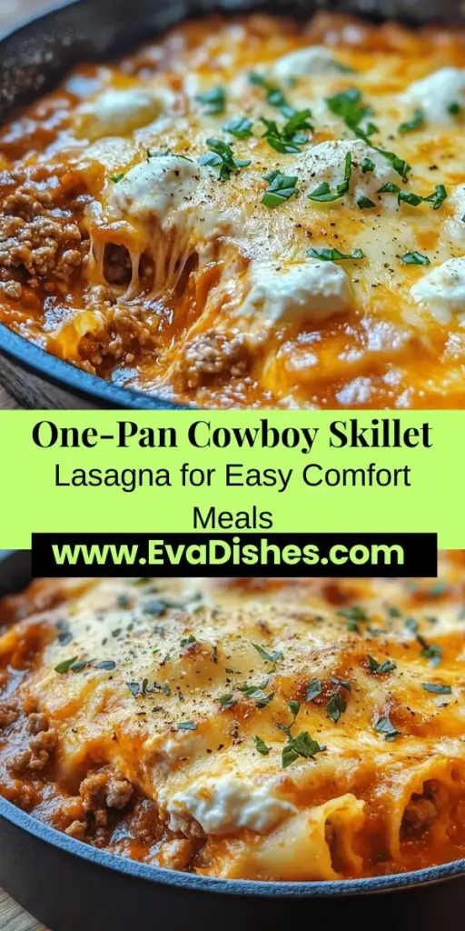 Discover the ultimate comfort food with Cowboy's Delight: Hearty Skillet Lasagna! This one-pan recipe combines ground beef or turkey, flavorful marinara, and three types of cheese for a satisfying meal that's perfect for busy families. Enjoy rich layers of deliciousness with minimal cleanup and maximum joy around the dinner table. Perfect for weeknight dinners or special occasions! #SkilletLasagna #ComfortFood #EasyRecipes #FamilyDinner #OnePanMeals #HomeCooking #ItalianCuisine #HeartyMeals