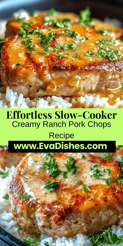 Looking for an effortless weeknight meal? Try Slow-Cooker Creamy Ranch Pork Chops! With tender pork chops simmered in a rich, creamy ranch sauce, this dish promises a burst of flavor with minimal prep. Perfect for busy nights, it pairs wonderfully with rice, mashed potatoes, or veggies for a complete meal. Discover the joy of slow cooking and make this family favorite today! #SlowCookerRecipes #ComfortFood #WeeknightDinner #PorkChops #EasyMeals #FamilyFavorites