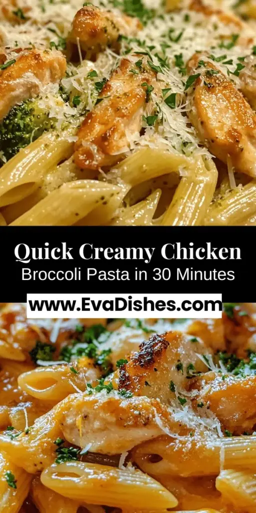 Savor the irresistible flavors of Quick & Creamy Chicken Broccoli Pasta! Perfect for busy weeknights, this appealing dish combines tender chicken, vibrant broccoli, and your choice of pasta in a luscious cream sauce. Easy to adapt for different tastes and dietary preferences, it’s nutritious and satisfying. Enjoy a delightful meal that can be ready in under 30 minutes! #PastaRecipe #QuickMeals #WeeknightDinner #CreamyPasta #CookingAtHome #HealthyEating #ChickenDinner