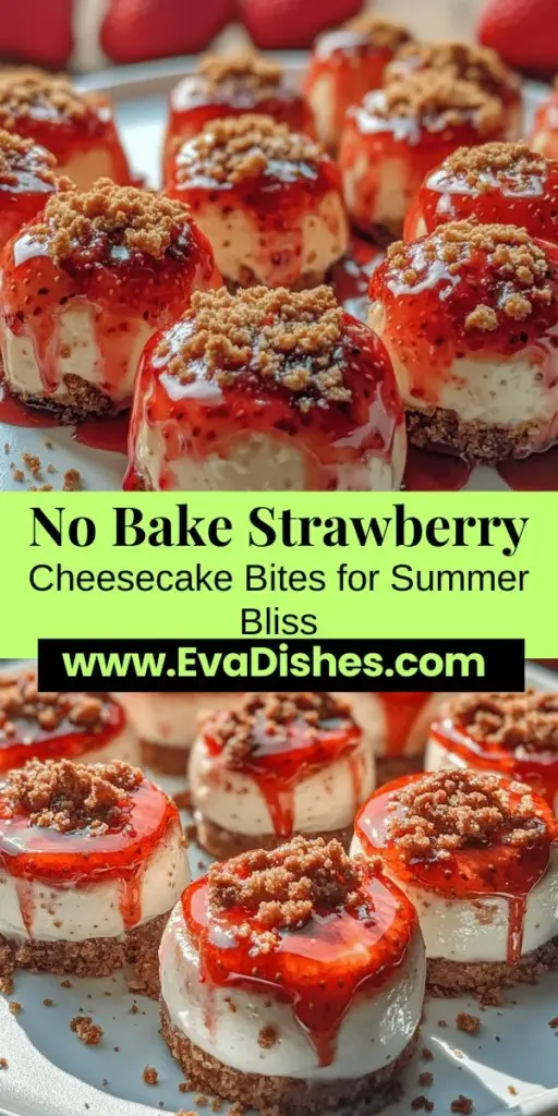 Looking for a refreshing dessert this summer? Try these No Bake Strawberry Cheesecake Bites! They're easy to make and combine creamy cheesecake with fresh strawberries for a delightful treat. Perfect for gatherings or a sweet treat at home, these bites are a crowd-pleaser. Plus, they save you from heating up the kitchen! Simple ingredients and no baking required. Enjoy summer flavors in every bite. #NoBakeDesserts #StrawberryCheesecake #SummerTreats #EasyRecipes #DessertBites #Yummy