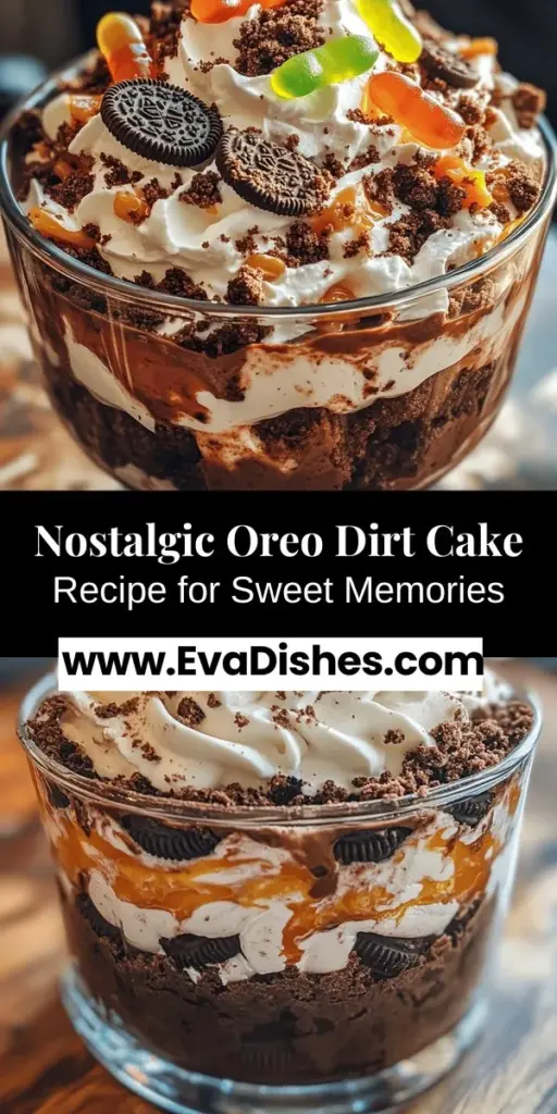 Indulge in nostalgia with this delicious Oreo Dirt Cake recipe! Perfect for parties or family gatherings, this no-bake dessert combines creamy layers with crunchy Oreo cookies, topped with playful gummy worms for a whimsical touch. Easy to customize for any occasion, it’s a fun treat loved by kids and adults alike. Gather your ingredients and enjoy a sweet journey down memory lane! #OreoDirtCake #NoBakeDessert #SweetMemories #PartyIdeas #DessertLovers