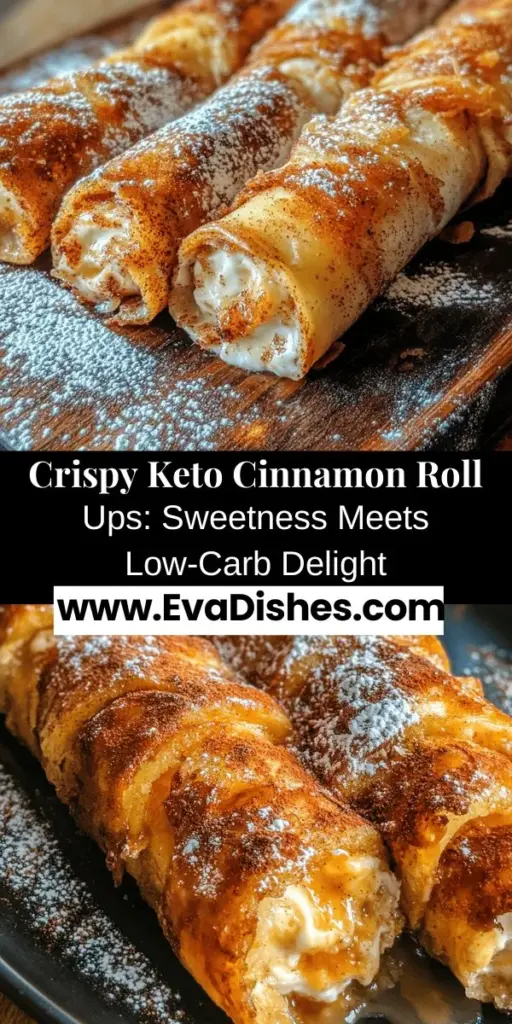 Indulge in a guilt-free treat with Crispy Keto Cinnamon Cream Cheese Roll Ups! These low-carb delights feature a crispy exterior and a creamy, cinnamon filling that's perfect for breakfast or dessert. With easy-to-follow steps and keto-friendly ingredients like cream cheese, almond flour, and erythritol, you can satisfy your sweet cravings while sticking to your diet. Try this delicious recipe today! #KetoDesserts #LowCarbTreats #HealthyEating #KetoRecipes #CinnamonRolls #SugarFreeDelight