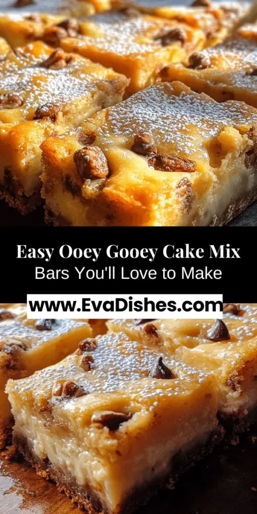 Looking for an easy and delicious dessert? Try these Ooey Gooey Cake Mix Bars! With just a few simple ingredients, you can create a rich, creamy treat that everyone will love. Perfect for potlucks or a sweet surprise for unexpected guests, these bars are both indulgent and satisfying. Customize with chocolate chips or nuts for added flair. Get ready to impress your friends and family with this delightful dessert! #Baking #Desserts #CakeMixBars #EasyRecipes #SweetTreats #Yummy