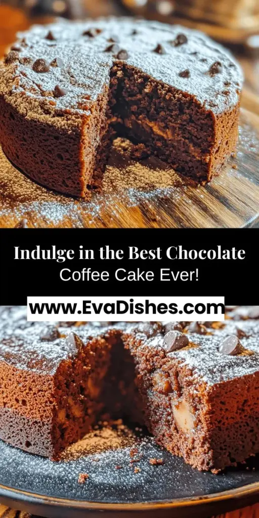 Indulge in the irresistible flavors of the BEST Chocolate Coffee Cake! This delectable treat combines rich chocolate and robust coffee for a perfect dessert experience. Easy to make and perfect for any occasion, this cake is moist and decadent, guaranteed to please all sweet lovers. Elevate your baking game with high-quality ingredients and enjoy a slice that’s great for brunch, celebrations, or an afternoon snack! #ChocolateCoffeeCake #Baking #DessertRecipe #CoffeeLovers #SweetTreats