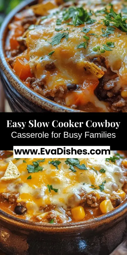 Discover the perfect weeknight meal with Slow Cooker Cowboy Casserole! This hearty dish is packed with flavor and can easily feed the whole family. With ground meat, a colorful assortment of vegetables, creamy cheese, and crunchy toppings, it’s not just satisfying but also nutritious. Set it and forget it for a stress-free dinner. Try this recipe and enjoy delightful leftovers too! #SlowCooker #Casserole #FamilyMeals #ComfortFood #EasyRecipes #TastyDinners