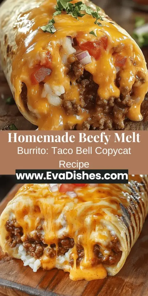 Craving Taco Bell's Beefy Melt Burrito? Make it at home with this easy recipe! Enjoy the delicious combination of seasoned ground beef, creamy cheese, rice, and your favorite toppings all wrapped in a warm tortilla. Customize it to fit your taste, whether you prefer a healthier twist or extra spice. Perfect for family meals or gatherings, it's a fun and satisfying dish that will impress everyone. #TacoBell #BeefyMeltBurrito #HomemadeBurrito #Foodie #RecipeIdeas