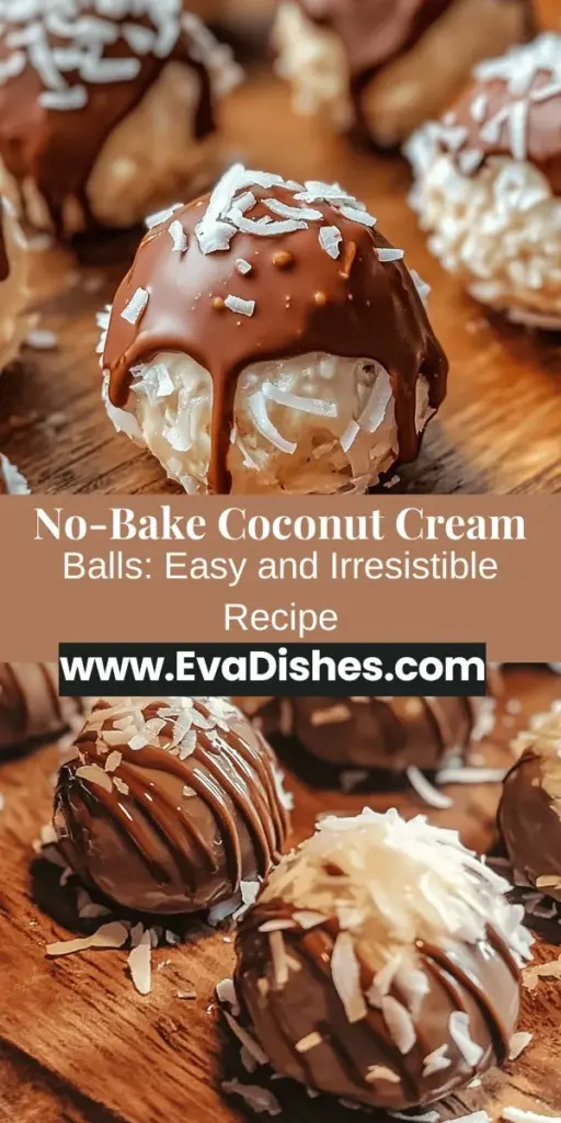 Discover the joy of making easy no-bake Coconut Cream Balls with this delightful recipe! Perfect for satisfying your sweet cravings without the fuss of baking, these creamy bites are a tropical treat that everyone will love. With just a few simple ingredients like cream cheese, shredded coconut, and optional chocolate, you'll have a crowd-pleaser ready in no time. Try this quick dessert for your next gathering or just for a tasty snack. #CoconutCreamBalls #NoBakeDessert #EasyRecipes #TropicalTreats #DessertIdeas