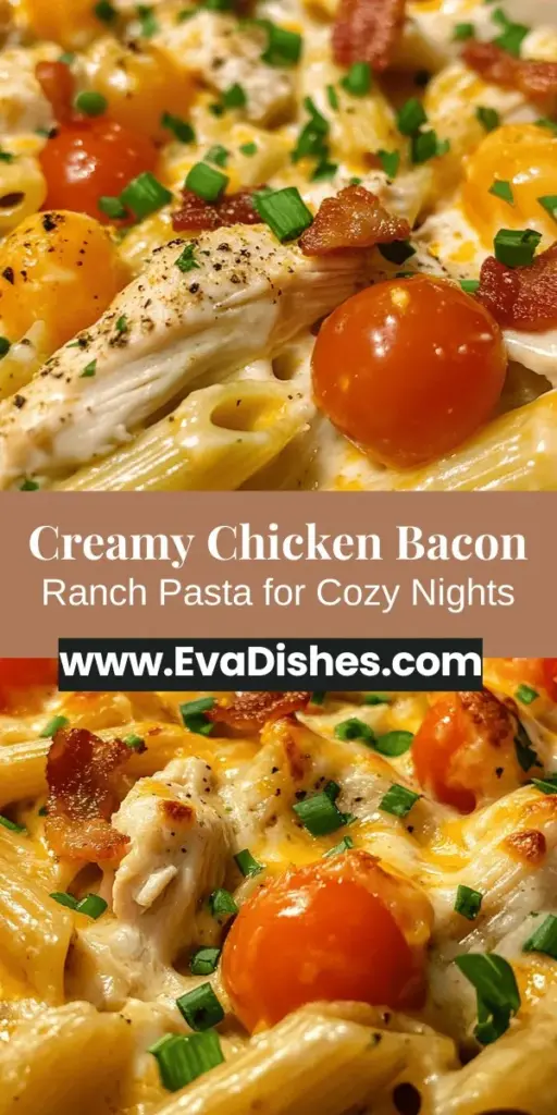 Indulge in the comfort of Creamy Chicken Bacon Ranch Pasta—a weeknight favorite that's easy to make! This dish combines tender chicken, crispy bacon, and a zesty ranch dressing in a rich, creamy sauce. Prepare it in just a few simple steps and customize with your favorite veggies or cheeses. Perfect for busy families or a cozy dinner, this pasta is sure to satisfy everyone at the table! #ComfortFood #PastaRecipe #ChickenBaconRanch #EasyDinners #FamilyMeals