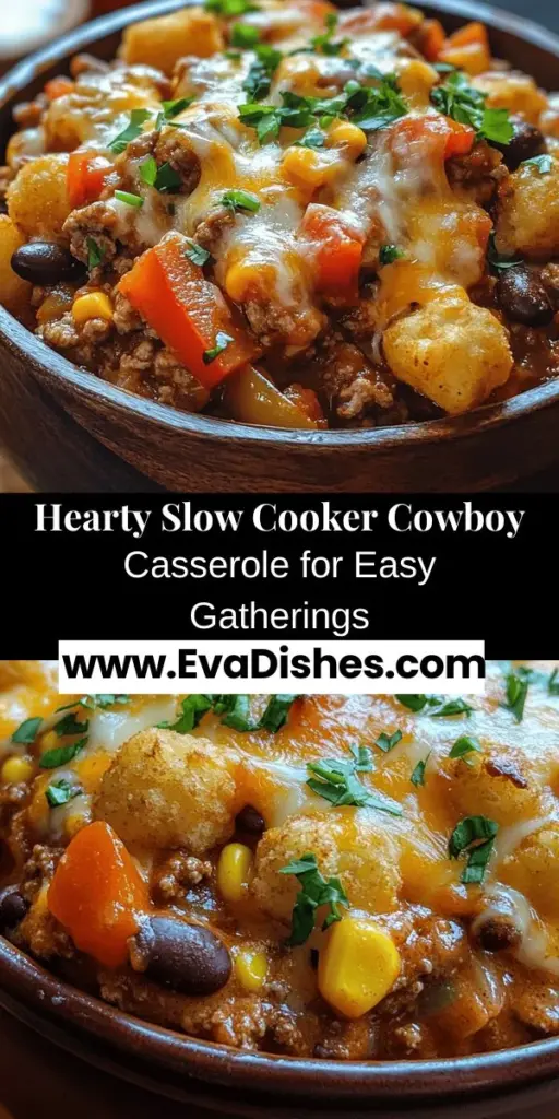 Looking for a delicious, hearty dish that’s perfect for gatherings? Try this Slow Cooker Cowboy Casserole! Bursting with flavor, it features savory ground beef, colorful veggies, creamy cheese, and crispy tater tots. This simple one-pot meal is not only satisfying but also incredibly easy to make. Customize it to your liking and enjoy a taste of nostalgia at your family dinners or potlucks. Perfect comfort food awaits! #CowboyCasserole #SlowCookerRecipes #ComfortFood #FamilyMeals #TaterTots #EasyCooking