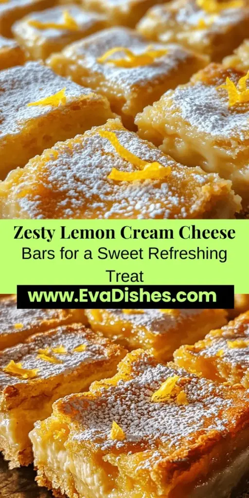 Discover the refreshing and creamy delight of Zesty Lemon Cream Cheese Delight Bars! These bars seamlessly blend zesty lemon flavors with smooth cream cheese, creating a perfect balance of sweetness and tang. Ideal for any occasion, they are sure to impress your guests with their vibrant color and taste. Perfect for summer picnics, gatherings, or as a light dessert, these bars are a must-try! #LemonDessert #CreamCheeseBars #BakingLove #SummerTreats #DessertRecipes