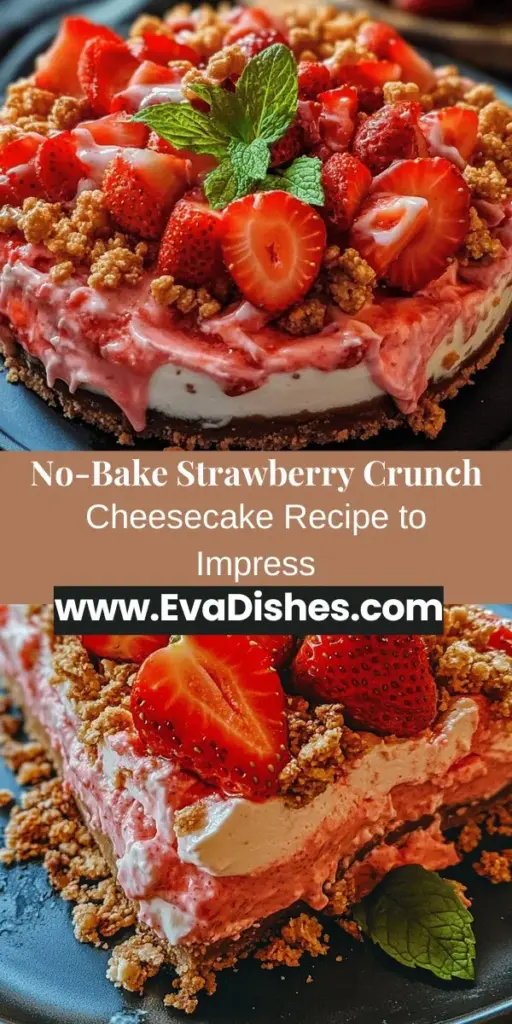 Indulge in summer sweetness with this No-Bake Strawberry Crunch Cheesecake! Perfect for hot days, this delightful dessert combines a creamy strawberry filling with a crispy topping made of graham crackers and rice cereal. Easy to prepare and bursting with fresh strawberry flavor, it’s an impressive treat for any occasion. Follow our simple steps for a deliciously satisfying experience! #NoBakeDessert #StrawberryCheesecake #SummerSweets #EasyRecipes #DessertLovers