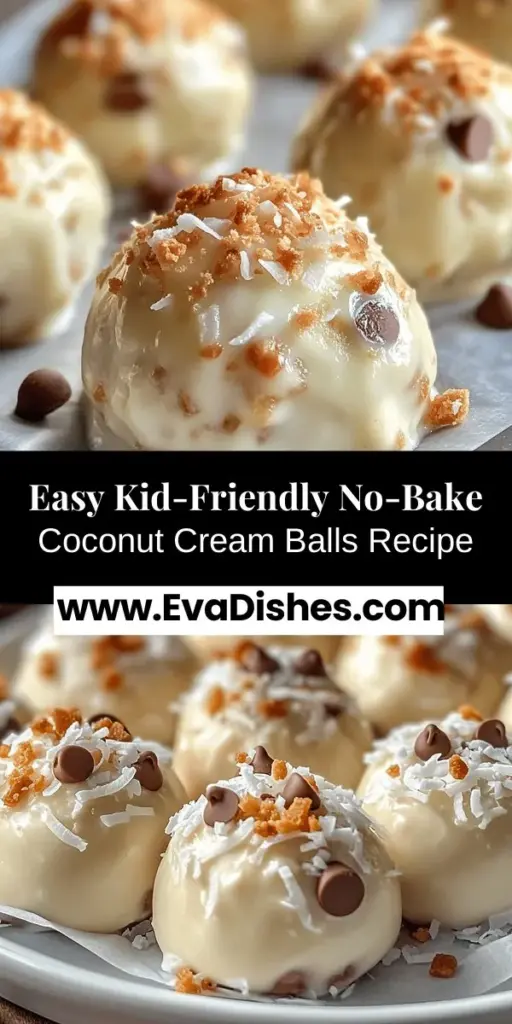 Treat your family to a fun and easy dessert with these Kid-Friendly No-Bake Coconut Cream Balls! Made with simple pantry ingredients, these delightful treats are perfect for kids to help make. The combination of creamy coconut and crunchy graham crackers creates a deliciously chewy indulgence that's both nutritious and satisfying. Enjoy as a quick snack or a festive treat! #NoBake #CoconutCreamBalls #KidFriendlyDesserts #FamilyCooking #EasyRecipes #DessertIdeas