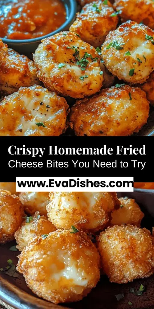 Indulge in the ultimate snack with these Crispy Homemade Fried Cheese Bites! Perfect for any gathering or cozy night in, they boast a crunchy exterior and gooey melted cheese inside. Simple to make, this recipe requires basic ingredients and can be paired with your favorite dipping sauces like marinara or ranch. Elevate your snacking game and impress your guests with these delicious bites! #FriedCheese #SnackIdeas #HomemadeDeliciousness #FoodieFun #CheeseLovers