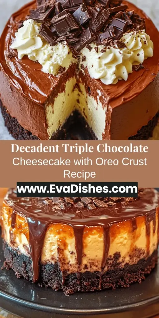 Dive into chocolate heaven with this Triple Chocolate Cheesecake with Oreo Crust! This decadent dessert combines dark, milk, and white chocolate for a rich, layered experience, all resting on a crunchy Oreo base. Perfect for any celebration or simply to treat yourself, this recipe is surprisingly easy to follow, making it ideal for bakers of all levels. Indulge in this creamy delight and impress your guests! #ChocolateLovers #Cheesecake #BakingJoy #DessertRecipe #YummyDesserts #OreoCrust