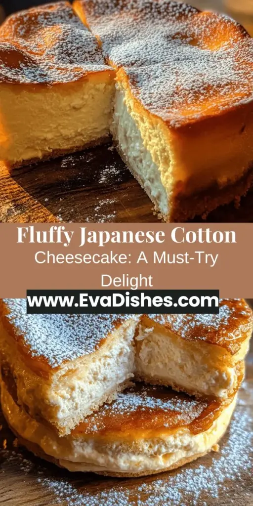 Indulge in the delight of Fluffy Japanese Cotton Cheesecake! This light and airy dessert is a perfect blend of creamy richness and cloud-like texture, making it a favorite for any occasion. With just a few quality ingredients like cream cheese, eggs, and light cake flour, you can create this showstopper. Serve it plain or with fresh fruits for added elegance. Try it and experience the sweetness of Japanese culinary art! #Cheesecake #Baking #Dessert #JapaneseCottonCheesecake #FluffyDesserts #SweetTreats