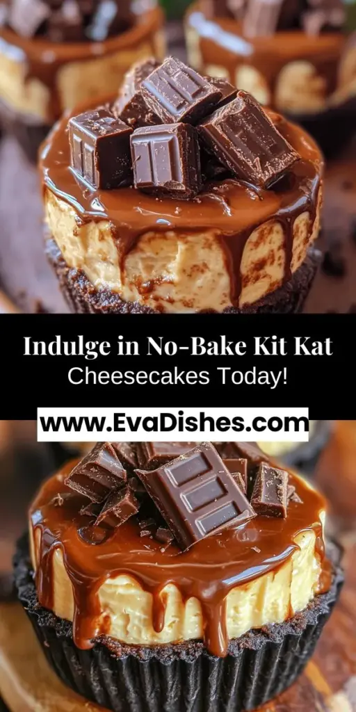 Transform your dessert game with these No-Bake Kit Kat Cheesecakes! Perfect for chocolate lovers, this easy recipe combines smooth cheesecake with crunchy Kit Kat bars, all without turning on the oven. Ideal for any gathering or as a sweet treat at home, these cheesecakes are super simple to make and sure to impress. Just mix, chill, and enjoy! #Desserts #NoBake #ChocolateLovers #Cheesecake #KitKat #EasyRecipes #SweetTreats