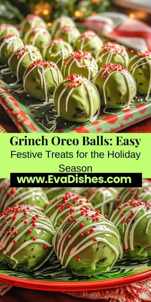 Get into the holiday spirit with fun and festive Grinch Oreo Balls! These easy-to-make treats are perfect for any celebration, featuring a delightful combination of crushed Oreos and cream cheese, coated in vibrant green candy melts. Add a touch of red with candy drizzle or sprinkles for a whimsical presentation. These colorful bites are sure to be a hit, bringing smiles to both kids and adults! Try them out this season! #GrinchOreoBalls #HolidayBaking #ChristmasTreats #FestiveDesserts #OreoDesserts #SweetTreats