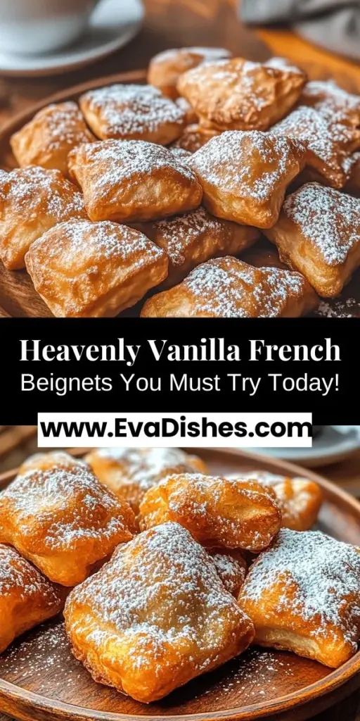 Treat yourself to the heavenly delight of homemade Vanilla French Beignets! These fluffy pastries are a culinary tradition that brings joy to any table, perfect for brunch or dessert. This easy-to-follow recipe guides you through crafting these delicious treats, from mixing the dough to frying them to golden perfection. Dust them with powdered sugar for an irresistible finish and serve with your favorite beverage. #Beignets #FrenchPastry #Baking #Dessert #HomemadeGoodness #VanillaTreats