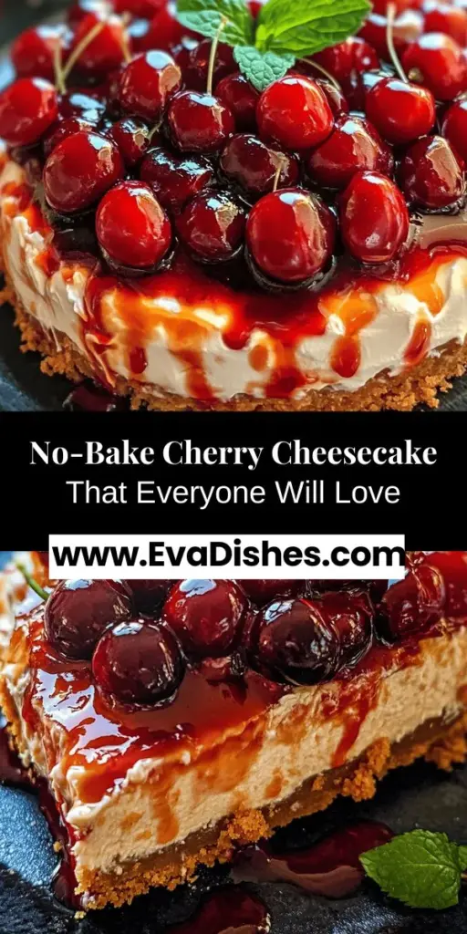 Indulge in the ultimate summer dessert with this No-Bake Cherry Cheesecake Delight! Enjoy the creaminess of the cheesecake paired with the sweet and tangy cherry topping—all without turning on the oven. Perfect for potlucks or warm-weather gatherings, this recipe is quick to whip up and easily customizable. Impress your guests with a stunning and delicious treat that’s sure to be a hit! #NoBakeCheesecake #CherryDessert #SummerTreat #EasyRecipes #DessertInspiration