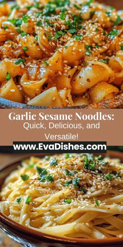 Create a mouthwatering experience with garlic sesame noodles! This simple yet versatile dish combines the rich flavors of garlic and sesame oil, making it a perfect choice for any meal. Quick to prepare and customizable with your favorite noodles, veggies, and proteins, these noodles are not just delicious but also packed with health benefits. Elevate your meals with this easy recipe. Perfect for weeknight dinners or impressing guests! #GarlicSesameNoodles #EasyRecipes #Foodie #ComfortFood #HealthyEating