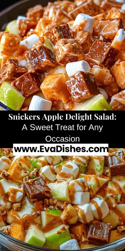 Discover the delicious Snickers Apple Delight Salad—a fun dessert that combines tart Granny Smith apples with sweet Snickers bars for a flavor explosion! Creamy, crunchy, and oh-so-tempting, this salad is perfect for potlucks, family gatherings, or just a special treat at home. Quick and easy to make, it's sure to delight both kids and adults. Try it today and savor the sweetness! #SnickersSalad #DessertSalad #EasyRecipes #DeliciousDesserts #FamilyFavorites #PotluckIdeas