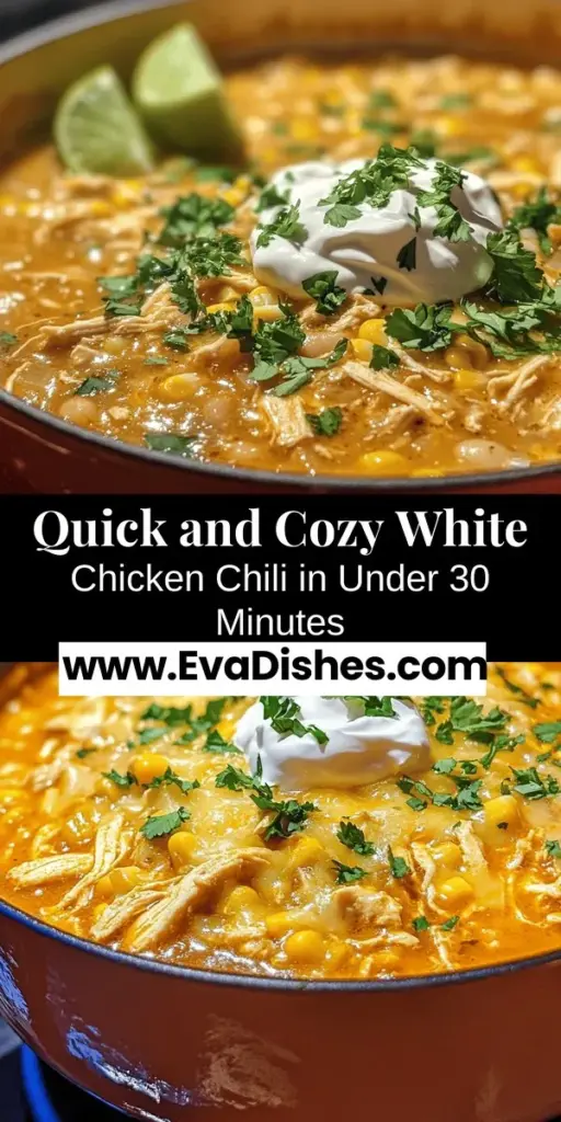 Warm up your evenings with this quick and cozy stovetop white chicken chili! Perfect for busy nights, this recipe combines tender chicken, creamy white beans, and a medley of spices, all ready in under 30 minutes. It's nutritious and packed with flavor, making it a satisfying meal for the whole family. Add your favorite toppings, like cheese and cilantro, for an extra touch. Discover how easy and delicious this warming dish can be! #WhiteChickenChili #ComfortFood #QuickRecipes #HealthyEating #CozyMeals