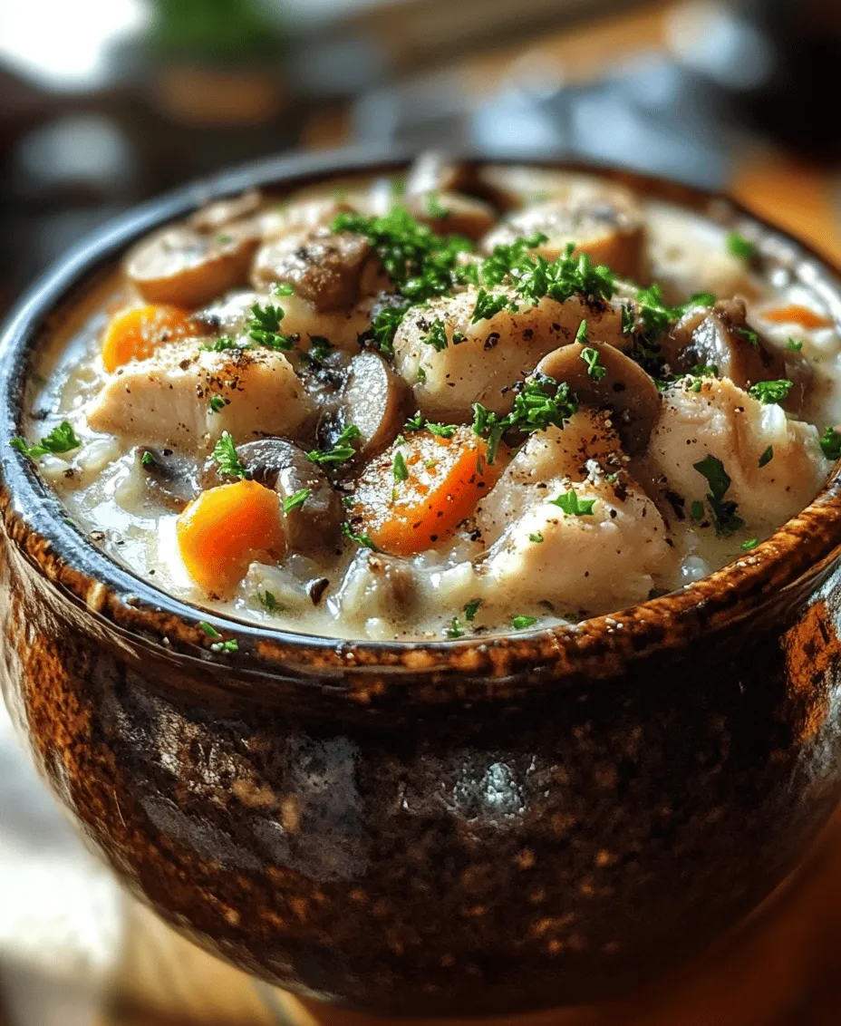 There’s nothing quite like a warm bowl of soup to chase away the chill of a cold day. As temperatures drop, cozying up with a hearty meal becomes an essential ritual, and few dishes embody this soothing comfort as perfectly as creamy soups. Among these, <strong>Creamy Mushroom Chicken and Wild Rice Soup</strong> stands out with its rich, decadent flavors and satisfying ingredients. This recipe is not just a meal; it’s an experience that brings warmth to family gatherings or a quiet night spent indoors.” /></p>
</p>
<h3>Adding Depth with Mushrooms and Garlic</h3>
</p>
<p>In the realm of comfort food, few ingredients can rival the depth of flavor that mushrooms and garlic bring to any dish, especially a soup. The earthy, umami-rich profile of mushrooms adds complexity to the Creamy Mushroom Chicken and Wild Rice Soup, while garlic infuses a fragrant aroma that elevates the overall experience.</p>
</p>
<p>To achieve the perfect sauté for these ingredients, begin by selecting a variety of mushrooms such as cremini, shiitake, or button mushrooms. Each type contributes its own unique flavor profile and texture. Before you start cooking, ensure the mushrooms are cleaned properly; a damp cloth works best to remove any dirt without saturating them with water.</p>
</p>
<p>Heat a tablespoon of olive oil or butter in your pot over medium heat. Once the oil is hot, add minced garlic—around two to three cloves, depending on your preference. Sauté the garlic for about 30 seconds until it becomes fragrant, being careful not to let it burn. Next, add the sliced mushrooms in a single layer, allowing them to brown without overcrowding the pan. This step is crucial as browning enhances the natural sugars in the mushrooms, giving them a deeper flavor. Stir occasionally for about 5-7 minutes, or until the mushrooms are golden brown and their moisture has evaporated. This technique not only adds richness to your soup but also layers of flavor that will elevate your dish.</p>
</p>
<h3>Cooking the Chicken</h3>
</p>
<p>Browning the chicken is another essential step that adds a significant amount of flavor to the soup. Start with boneless, skinless chicken breasts or thighs, seasoned with salt and pepper. Heat a tablespoon of oil in the pot over medium-high heat. Once the oil is shimmering, add the chicken pieces in a single layer, ensuring not to overcrowd the pot. This helps to achieve a nice sear, which caramelizes the surface of the chicken and locks in moisture.</p>
</p>
<p>Cook the chicken for about 5-7 minutes on each side until it develops a golden-brown crust. Use a meat thermometer to check for doneness—chicken should reach an internal temperature of 165°F (75°C). Once browned, remove the chicken from the pot and set it aside to rest before dicing it into bite-sized pieces. This resting period allows the juices to redistribute, resulting in tender, juicy chicken that will enhance the overall texture of your soup.</p>
</p>
<h3>Simmering to Perfection</h3>
</p>
<p>Now comes the heart of the soup-making process—simmering the broth with wild rice and chicken. After removing the chicken and sautéing the mushrooms and garlic, add your chicken broth to the pot, scraping up any browned bits for added flavor. Bring the broth to a gentle simmer before adding in the wild rice. Wild rice not only contributes a delightful nutty flavor but also a satisfying chewiness that complements the soup’s creamy texture.</p>
</p>
<p>The cooking time for wild rice can vary, usually ranging from 30 to 45 minutes, so it’s best to refer to package instructions. When adding the rice, make sure to keep the temperature low to avoid boiling, which can break down the rice too quickly. As the rice cooks, its starches will naturally thicken the soup, giving it that creamy consistency without needing excessive thickening agents.</p>
</p>
<p>Add the diced chicken back to the pot during the last 10-15 minutes of simmering to ensure it warms through and absorbs the flavors of the broth. Stir occasionally to keep everything well mixed and monitor the consistency of the soup. If it becomes too thick, don’t hesitate to add a bit more broth or water to achieve your desired texture.</p>
</p>
<h3>Finishing Touches</h3>
</p>
<p>The final steps of your Creamy Mushroom Chicken and Wild Rice Soup are crucial in transforming it from a good dish to an extraordinary one. Once the wild rice is tender and the chicken is heated through, it’s time to add the heavy cream. Pour in about a cup of heavy cream, stirring gently to incorporate. The cream will enrich the broth, giving it a velvety mouthfeel that makes every spoonful a delight.</p>
</p>
<p>Taste your soup and adjust the seasoning as necessary. A pinch of salt, a dash of black pepper, or even a squeeze of lemon juice can enhance the flavors beautifully. If you’re feeling adventurous, consider adding a sprinkle of fresh thyme or a dash of cayenne pepper for an extra kick.</p>
</p>
<h3>Serving Suggestions</h3>
</p>
<h4>Perfect Pairings</h4>
</p>
<p>For a complete meal that complements the Creamy Mushroom Chicken and Wild Rice Soup, consider serving it alongside crusty bread or a light salad. A fresh arugula salad tossed with a simple vinaigrette can provide a refreshing contrast to the richness of the soup. Alternatively, warm, crusty baguettes or homemade dinner rolls are perfect for dipping into the creamy broth, making each bite satisfying.</p>
</p>
<h4>Garnishing for Presentation</h4>
</p>
<p>Garnishing your soup not only enhances its visual appeal but can also add a fresh flavor note. A sprinkle of freshly chopped parsley or chives can brighten the dish and add a pop of color. For an extra touch, consider drizzling a little extra cream over the top or adding some sautéed mushrooms as a garnish. This small detail will impress your family and guests while also showcasing the rich ingredients used in your soup.</p>
</p>
<h3>Nutritional Benefits of the Ingredients</h3>
</p>
<p>The ingredients in Creamy Mushroom Chicken and Wild Rice Soup not only create a delicious dish but also contribute several health benefits.</p>
</p>
<p>– <strong>Mushrooms</strong>: Rich in vitamins B and D, mushrooms are also a low-calorie source of fiber, which helps in maintaining digestive health. They contain antioxidants that support immune function and have anti-inflammatory properties.</p>
</p>
<p>– <strong>Chicken</strong>: A great source of lean protein, chicken helps in muscle repair and growth while also providing essential nutrients like niacin and selenium, which are important for metabolism and immunity.</p>
</p>
<p>– <strong>Wild Rice</strong>: Wild rice is a nutrient-dense grain that contains more protein and fiber than regular rice. It is also a good source of antioxidants and has a lower glycemic index, making it a healthier carbohydrate option.</p>
</p>
<p>– <strong>Heavy Cream</strong>: While higher in calories, heavy cream adds richness and provides a good source of fat-soluble vitamins such as A, D, E, and K, essential for various bodily functions.</p>
</p>
<p>Combined, these ingredients create a comforting soup that not only warms the soul but also nourishes the body, making it an excellent choice for a family meal.</p>
</p>
<h3>Conclusion</h3>
</p>
<p>Creamy Mushroom Chicken and Wild Rice Soup is more than just a meal—it’s a celebration of wholesome ingredients coming together to create a comforting dish that warms both the body and spirit. With its rich flavors, satisfying textures, and numerous health benefits, this soup is a nourishing option for any occasion.</p>
</p>
<p>Encouraging your loved ones to gather around the table to share this hearty soup fosters a sense of home and community, making each spoonful a cherished moment. So, don your apron, gather your ingredients, and try making this delightful soup for yourself and your family. Experience the joy of homemade meals with every delicious bite!</p>
</div>