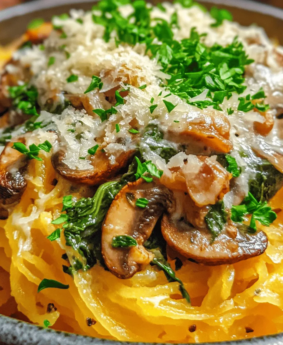 In the world of healthy eating, the quest for flavorful and satisfying dishes often leads us to innovative ingredients and creative recipes. One such delightful creation is <strong>Creamy Garlic Spinach & Mushroom Spaghetti Squash</strong>. This dish not only tantalizes your taste buds with its rich flavors but also embodies a wholesome approach to meal prep. With the savory combination of garlic, spinach, and mushrooms enveloped in a velvety creamy sauce, this recipe has quickly become a favorite among health-conscious food enthusiasts.” /></p>
</p>
<h3>Importance of Cooking Garlic Properly to Avoid Burning</h3>
</p>
<p>Cooking garlic to perfection is crucial for achieving the right flavor in your Creamy Garlic Spinach & Mushroom Spaghetti Squash. Garlic can easily turn from fragrant to bitter if overcooked. To avoid burning, it’s best to add minced garlic to the pan after the mushrooms have begun to brown, allowing for a brief sautéing period of about 30 seconds. This method ensures that the garlic releases its essential oils and aroma without scorching. Always keep an eye on the heat; a medium-low temperature is ideal for coaxing out garlic’s sweet, nutty flavor while preventing it from turning dark.</p>
</p>
<h3>Tips for Achieving Perfectly Browned Mushrooms</h3>
</p>
<p>Mushrooms are the star of this dish, and achieving a perfect golden-brown exterior is key to enhancing their taste. Start by ensuring the mushrooms are dry before cooking; excess moisture can lead to steaming rather than browning. Use a wide skillet to give the mushrooms plenty of space to cook evenly. When adding them to the hot pan, resist the urge to overcrowd; this will help them caramelize nicely. Allow them to sit undisturbed for a few minutes before stirring, which will promote that desirable browned crust. A sprinkle of salt can also help draw out moisture and intensify their flavor.</p>
</p>
<h3>Incorporating Spinach and Creating the Creamy Sauce</h3>
</p>
<p>Once the mushrooms are beautifully browned and the garlic is fragrant, it’s time to introduce the fresh spinach. Gradually add the spinach to the pan, allowing it to wilt down before adding the cream. This process not only enhances the dish’s nutritional value but also adds a vibrant color. For the creamy sauce, heavy cream is a fantastic choice as it provides a rich, velvety texture. Stir the cream into the pan, followed by your choice of cheese—Parmesan or a creamy mozzarella work beautifully. The heat should be kept low to ensure the sauce melds together without boiling. This way, the cheese will melt smoothly, forming a luscious coating for the spaghetti squash.</p>
</p>
<h3>The Role of Heavy Cream and Cheese in the Dish</h3>
</p>
<p>Heavy cream and cheese are essential components of this recipe, contributing to its luxurious texture and rich flavor. Heavy cream provides a base for the sauce, enriching it without overpowering the other ingredients. For a balanced flavor profile, consider using a combination of sharp and mild cheeses; Parmesan adds a nutty saltiness while mozzarella lends creaminess. If you prefer a lighter version, feel free to substitute half-and-half or coconut milk for the heavy cream, but keep in mind that this may alter the dish’s richness.</p>
</p>
<h3>Variations for a Lighter or Dairy-Free Version</h3>
</p>
<p>For those looking to enjoy this dish without the richness of cream and cheese, there are several alternatives. A lighter version can be made by swapping heavy cream for a mixture of Greek yogurt and vegetable broth, which still provides a creamy texture without the excess calories. For a dairy-free option, use cashew cream or coconut cream. Blending soaked cashews with water creates a creamy base that works wonderfully in place of dairy, offering both texture and flavor. Nutritional yeast can be added for a cheesy flavor without the dairy.</p>
</p>
<h3>Combining the Ingredients</h3>
</p>
<p>When it comes time to combine your spaghetti squash with the creamy mixture, there are a few techniques to ensure everything melds beautifully. First, scoop the cooked spaghetti squash strands into the pan with the creamy sauce, allowing the heat to help combine the flavors. Use a large fork or tongs to gently toss the strands with the sauce, ensuring an even coating. This method not only enhances the flavor but also maintains the integrity of the squash’s texture. If you find the sauce is too thick, a splash of pasta water or vegetable broth can help achieve the desired consistency.</p>
</p>
<h3>Tips for Ensuring Even Coating and Consistency in Texture</h3>
</p>
<p>To guarantee that every strand of spaghetti squash is coated evenly, consider mixing it in batches if you have a large quantity. This prevents clumping and allows for better distribution of the creamy sauce. Additionally, if the mixture appears too dry, don’t hesitate to add a little more cream or broth. The goal is to create a harmonious balance where the strands are enveloped in the sauce without becoming soggy.</p>
</p>
<h3>Suggestions for Serving Sizes and Presentation Ideas</h3>
</p>
<p>For serving sizes, consider a standard portion of about one and a half cups per plate, but adjust based on your guests’ appetites. Presentation plays a significant role in elevating the dining experience. Serve the dish in wide, shallow bowls to showcase the vibrant colors of the spinach and mushrooms. A sprinkle of freshly cracked pepper, a dusting of grated cheese, or a few fresh basil leaves can enhance the visual appeal. For a touch of elegance, drizzle a high-quality olive oil over the top before serving.</p>
</p>
<h3>Serving Suggestions</h3>
</p>
<p>To complement your Creamy Garlic Spinach & Mushroom Spaghetti Squash, consider various side dishes and pairings. A crisp garden salad with a light vinaigrette can offer a refreshing contrast to the creamy pasta. Alternatively, garlic bread or a warm baguette can round out the meal, perfect for soaking up any remaining sauce. If you enjoy wine, a crisp white wine like Pinot Grigio or a light red such as Pinot Noir can beautifully accompany the dish, enhancing the flavors of the garlic and cheese.</p>
</p>
<h3>Importance of Presentation in Enhancing Meal Enjoyment</h3>
</p>
<p>Presentation is not just about aesthetics; it significantly enhances the overall enjoyment of a meal. A well-presented dish invites anticipation and excitement. By using colorful ingredients and arranging them thoughtfully, you create an experience that engages the senses. Whether it’s the vibrant green of the spinach, the golden-brown mushrooms, or the creamy sauce glistening atop the spaghetti squash, each element contributes to a feast for the eyes that heightens the enjoyment of the meal.</p>
</p>
<h3>Nutritional Information</h3>
</p>
<p>When it comes to nutrition, this Creamy Garlic Spinach & Mushroom Spaghetti Squash is a powerhouse. Spaghetti squash is low in calories and carbohydrates while being high in fiber, making it an excellent choice for those following a low-carb diet. Spinach adds a wealth of vitamins and minerals, including iron, calcium, and vitamins A and C, while mushrooms provide antioxidants and important nutrients. The dish is also adaptable for various dietary preferences—gluten-free, vegetarian, and even dairy-free with the right substitutions.</p>
</p>
<p>For a rough caloric breakdown, a serving of this dish (without any alterations) typically contains around 350 calories. This can vary based on the types of cream and cheese used, so be mindful of your ingredient choices if you’re looking to adjust the calorie count. Overall, this dish is not only nutritious but also satisfying, making it a fantastic option for a healthy family meal.</p>
</p>
<h3>Conclusion</h3>
</p>
<p>In conclusion, the Creamy Garlic Spinach & Mushroom Spaghetti Squash is a delightful dish that brings together rich flavors, creamy textures, and a host of nutritional benefits. With its versatility, you can easily modify the recipe to suit your dietary preferences, ensuring everyone at the table can enjoy it. The combination of perfectly sautéed mushrooms, vibrant spinach, and a luscious creamy sauce over tender spaghetti squash creates a satisfying meal that pleases both the palate and the eye.</p>
</p>
<p>We encourage you to try this dish for your next dinner, whether for a family gathering or a cozy night in. The spaghetti squash serves as an excellent base for various sauces and toppings, making it a fantastic ingredient to explore in different recipes. Embrace its versatility and discover the many ways you can enjoy this healthy, delicious alternative to traditional pasta.</p>
</div>