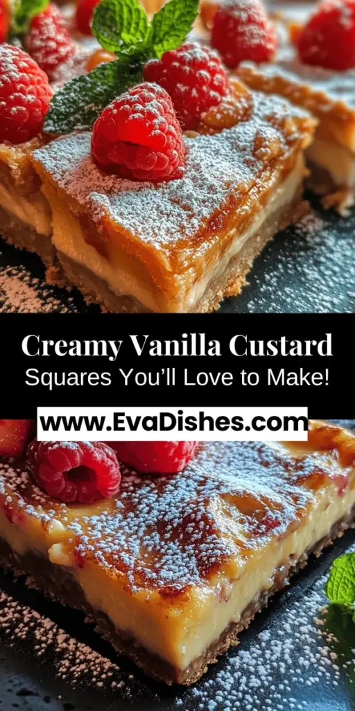 Indulge in the luxurious taste of homemade Vanilla Custard Squares that blend elegance with comfort. This step-by-step recipe guides you through crafting a creamy custard filling nestled in a perfectly baked crust. With a rich history and personal touches, these squares are perfect for any occasion – from family gatherings to elegant dinner parties. Learn how to create this delightful dessert and impress your guests with every delicious bite.