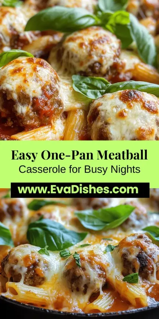 Discover the perfect weeknight meal with this One-Pan Wonder: Dump and Bake Meatball Casserole. This simple yet satisfying dish combines frozen meatballs, tender pasta, and rich marinara sauce, all baked in one dish for minimal cleanup. With options for customization, including different meatball types and pasta choices, it caters to everyone's tastes. Enjoy a comforting, hearty meal that brings the family together, all while saving precious time in the kitchen.