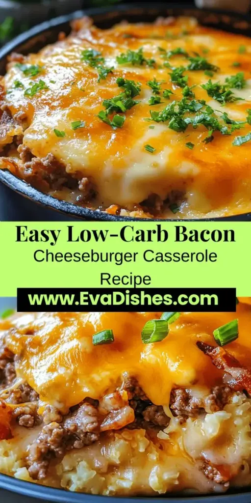 Discover the mouthwatering Low-Carb Bacon Cheeseburger Casserole—a simple and delicious dish that captures the essence of a classic cheeseburger while keeping carbs low. Perfect for busy weeknights, this one-pan meal combines juicy ground beef, crispy bacon, and melted cheese, making it a hit with the whole family. With easy preparation and wholesome ingredients, it's a satisfying choice for anyone looking to enjoy comfort food without the guilt. Try it today!