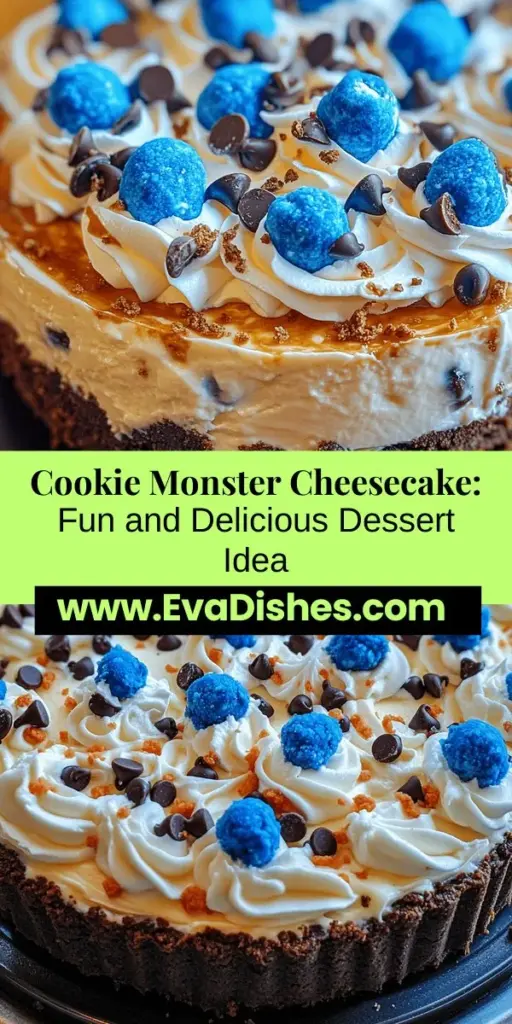 Get ready to indulge in a whimsical delight with the Cookie Monster Cheesecake! This fun dessert combines creamy cheesecake with a crunchy chocolate cookie crust and vibrant blue cookie dough, making it a hit for both kids and adults. Perfect for birthdays, parties, or any celebration, this cheesecake features chocolate chips for an added bite. Impress your guests with this visually appealing and delicious treat that's sure to bring smiles all around.