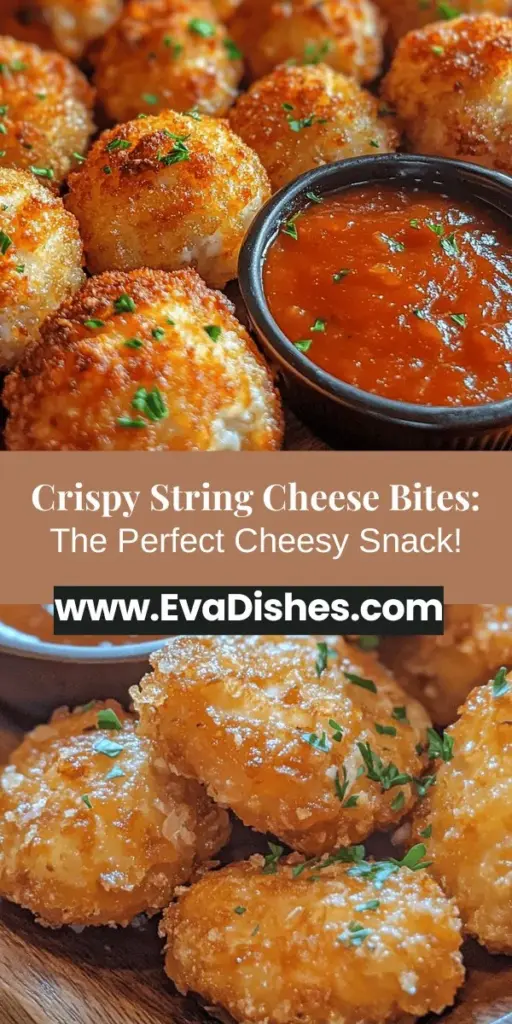 Indulge in the cheesy delight of Crispy String Cheese Fun Bites! These bite-sized morsels feature melty cheese wrapped in a crunchy panko coating, perfect for parties or cozy movie nights. Easy to make, they're a nostalgic snack everyone will love. Pair them with marinara sauce for dipping to elevate the experience! Get ready to wow your guests with this delicious treat. #CrispyStringCheese #CheesySnacks #PartyFood #YummySnacks #EasyRecipes #FoodieFavorites #ComfortFood