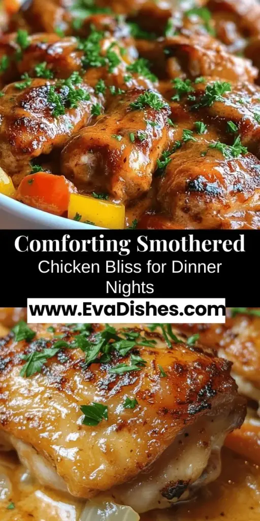 Indulge in the comforting flavors of Smothered Chicken Bliss! This delightful dish features seared chicken thighs enveloped in a creamy, savory sauce made from fresh vegetables and spices. Perfect for family gatherings or cozy weeknight dinners, this recipe highlights the essence of Southern cuisine. Pair it with mashed potatoes or cornbread to complete your meal. Discover how to make this beloved staple today! #SmotheredChicken #ComfortFood #HomeCooking #DinnerIdeas #SouthernCuisine #Foodie