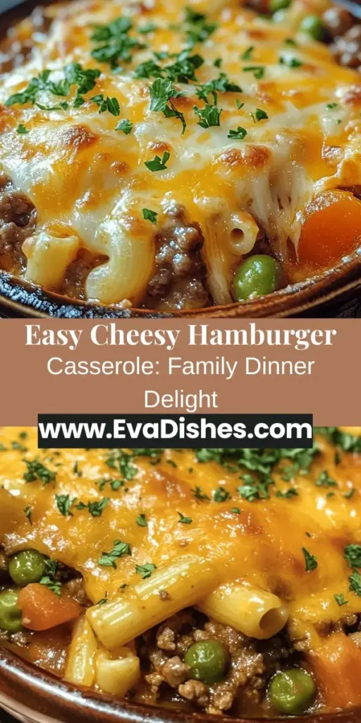 Discover the ultimate comfort food with this delicious Cheesy Hamburger Casserole! Packed with ground beef, gooey cheese, and tender pasta, it's perfect for busy weeknights or family gatherings. Easily customizable to suit your tastes, this dish is a nostalgic favorite that brings everyone together at the dinner table. Try it with variations and enjoy the hearty goodness! #CheesyCasserole #ComfortFood #FamilyDinner #EasyRecipes #HomeCooking