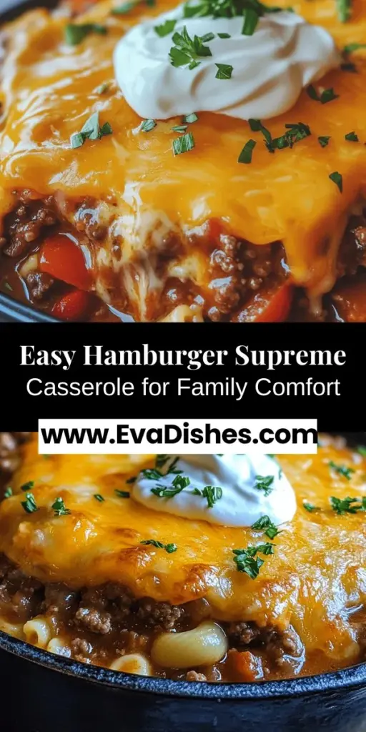 Discover the comforting warmth of Hamburger Supreme Casserole, a family favorite perfect for busy nights or gatherings. This flavorful dish combines ground beef, zesty tomatoes, kidney beans, corn, and elbow macaroni, all topped with gooey cheese. Versatile and customizable, it caters to various dietary preferences. Whether you're prepping for a cozy family dinner or a potluck, this casserole guarantees satisfaction and nostalgia with every bite. Perfect for sharing!