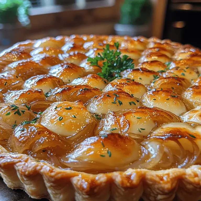 The Caramelized Onion & Gruyère Tart is a culinary masterpiece that marries rich, sweet flavors with a delightful flaky crust. This dish is a true celebration of savory indulgence, perfect for any occasion—whether it’s a casual lunch with friends, an elegant dinner party, or a sophisticated appetizer for a festive gathering. As you take your first bite, the buttery layers of puff pastry give way to a warm, luscious filling of caramelized onions and Gruyère cheese, each ingredient meticulously chosen to create a harmonious blend of flavors and textures.