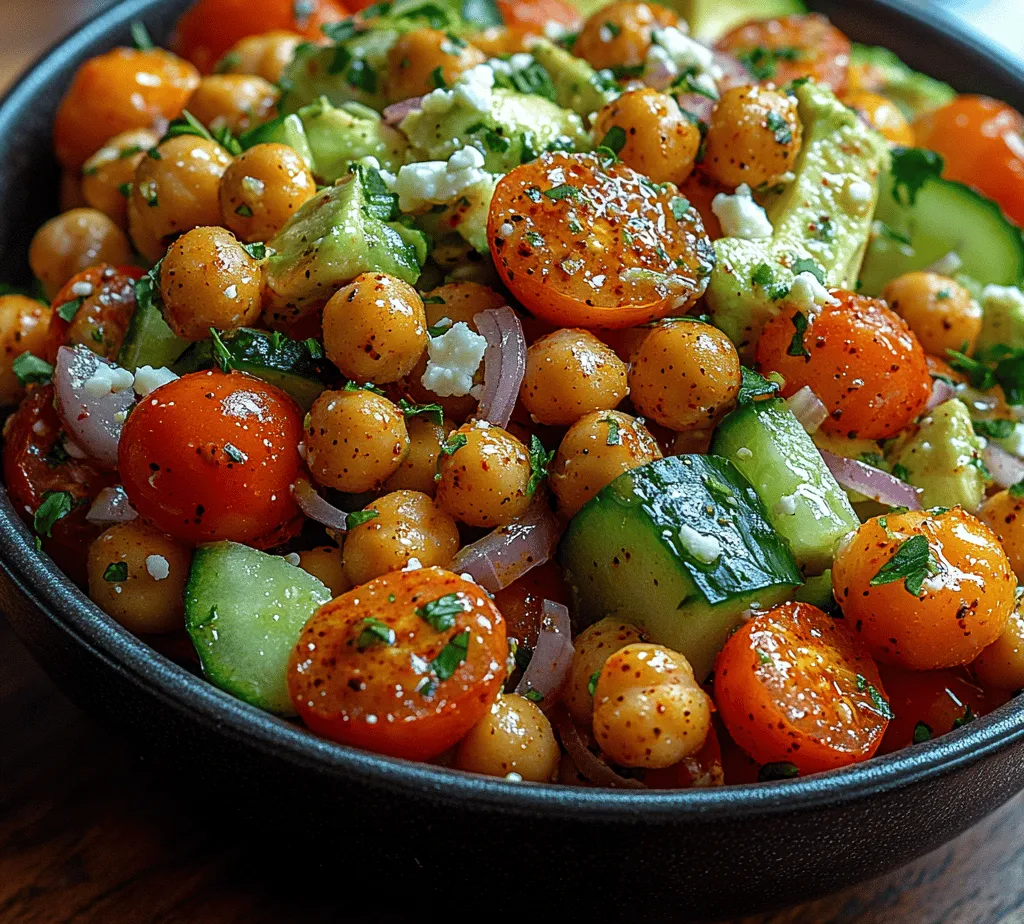 The main ingredient in this salad, chickpeas, are small legumes that pack a powerful nutritional punch. They are high in both protein and fiber, making them an ideal choice for those looking to increase their intake of plant-based nutrients. A single serving of chickpeas contributes to your daily protein needs, which is especially beneficial for vegetarians and vegans. Additionally, they are rich in vitamins and minerals, including folate, iron, and magnesium. The fiber content in chickpeas aids digestion and helps to maintain a healthy gut, making them not only delicious but also beneficial for overall health.