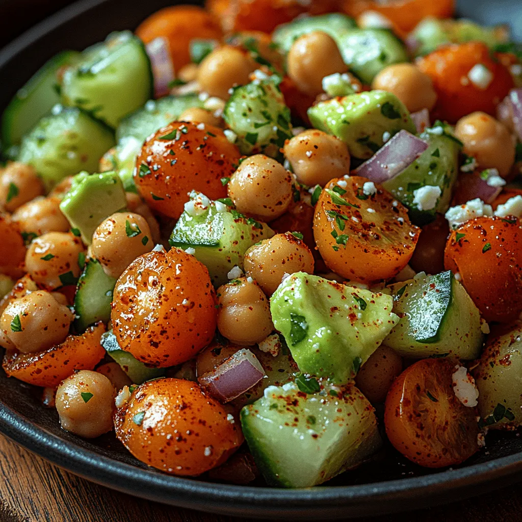 The main ingredient in this salad, chickpeas, are small legumes that pack a powerful nutritional punch. They are high in both protein and fiber, making them an ideal choice for those looking to increase their intake of plant-based nutrients. A single serving of chickpeas contributes to your daily protein needs, which is especially beneficial for vegetarians and vegans. Additionally, they are rich in vitamins and minerals, including folate, iron, and magnesium. The fiber content in chickpeas aids digestion and helps to maintain a healthy gut, making them not only delicious but also beneficial for overall health.