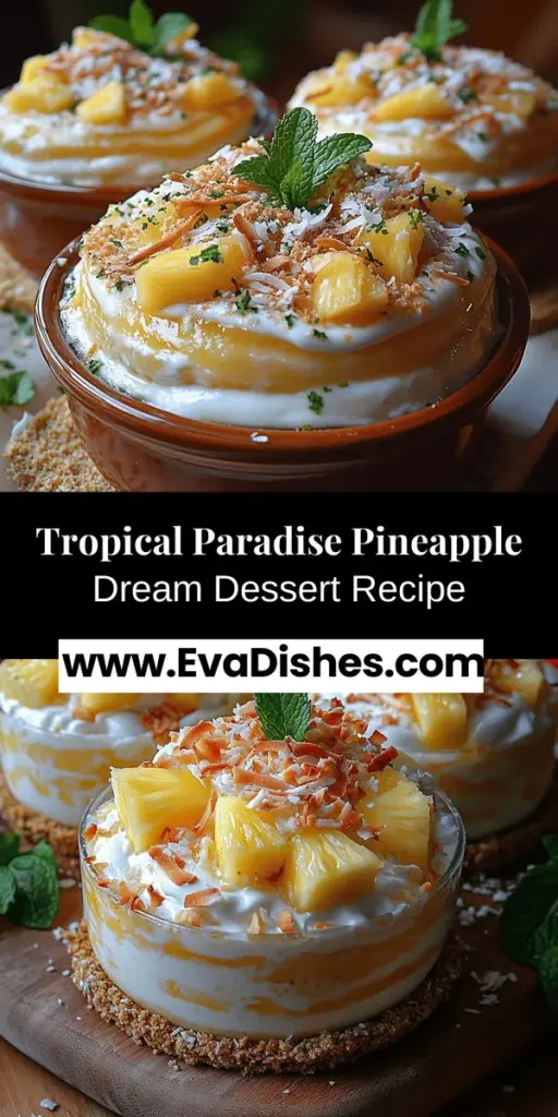 Indulge in the Tropical Paradise Pineapple Dream Dessert, a perfect treat that captures the essence of summer. This easy-to-make dessert combines layers of crushed pineapple, creamy vanilla Greek yogurt, and fluffy whipped cream, all resting on a crunchy graham cracker base. Topped with toasted coconut and fresh garnishes, it not only delights the taste buds but also looks stunning on any table. Perfect for summer parties or a refreshing snack, this dessert is a tropical escape in every bite.