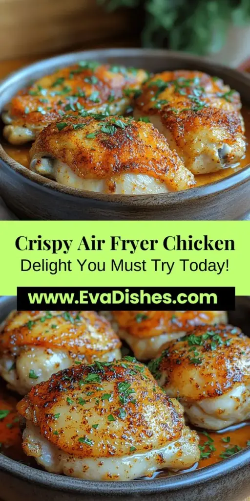 Discover the magic of air frying with this Crispy Air Fryer Chicken Delight! This recipe combines the juicy tenderness of chicken thighs with a perfectly crispy exterior, achieved with minimal oil for a healthier twist on traditional frying. Learn how to marinate, bread, and cook chicken to savory perfection. Ideal for family dinners or meal prep, this dish offers flexibility in seasoning and sides. Enjoy a deliciously crispy experience that satisfies cravings without the guilt!