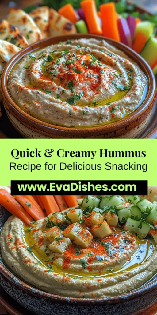 Discover the creamy goodness of hummus with this Quick & Creamy Hummus Delight recipe. In just five minutes, you can whip up a nutritious dip that’s perfect for snacking or entertaining. Learn about the rich cultural origins of hummus, its impressive health benefits, and the simple ingredients that make it a beloved dish worldwide. Explore creative serving suggestions, from vibrant platters to unique pairings, and enjoy the delightful experience of homemade hummus that brings family and friends together.