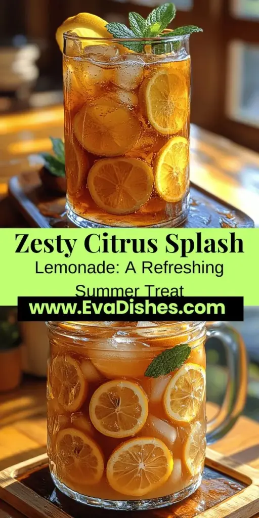 Experience the perfect summer refreshment with our Zesty Citrus Splash Lemonade! This delightful twist on a classic drink combines freshly squeezed lemons, vibrant citrus flavors, and aromatic mint, creating a thirst-quenching beverage for any occasion. Packed with vitamins and antioxidants, this lemonade not only tantalizes your taste buds but also supports your health. Customize it with fresh fruits or sparkling water for a fizzy treat that everyone will love. Enjoy a taste of nostalgia and creativity at your next gathering!