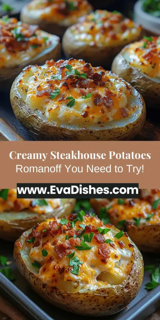 Discover the irresistible Steakhouse Potatoes Romanoff recipe that combines creamy, cheesy goodness with a crispy exterior. This decadent dish is perfect for pairing with your favorite steak or enjoying as a stand-alone treat at any gathering. Made with russet potatoes, sharp cheddar cheese, sour cream, and green onions, it’s both comforting and incredibly flavorful. Easy to prepare and ideal for impressing guests, this recipe guarantees a gourmet experience at home.