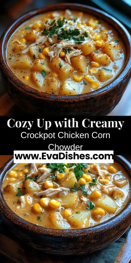Discover the ultimate comfort food with this cozy creamy crockpot chicken corn chowder! Perfect for chilly nights, this slow-cooked dish combines tender chicken, sweet corn, and creamy potatoes for a deliciously hearty meal. The simple preparation allows you to set it and forget it, making it ideal for busy families. Enjoy the rich flavors and nutritious ingredients while savoring the warmth it brings to your dinner table. A must-try for any food lover!