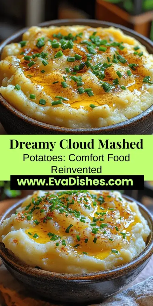 Indulge in the creamy goodness of Dreamy Cloud Mashed Potatoes, a perfect comfort food for any occasion. Made with Yukon Gold potatoes, rich heavy cream, and a hint of garlic powder, these mashed potatoes promise an ethereal texture and buttery flavor. The recipe highlights essential techniques for achieving that light, fluffy consistency, making it an irresistible addition to your dinner table. Elevate your meals with this delightful dish that's sure to impress family and friends!