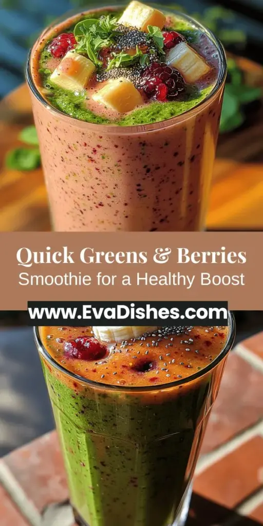 Discover the Quick Greens & Berries Smoothie, a vibrant blend of spinach, mixed berries, banana, almond milk, and chia seeds that offers a nutritious boost in just minutes. This smoothie not only tastes delicious but is also packed with vitamins, antioxidants, and fiber to support your overall health. Perfect for breakfast or a quick snack, it keeps you energized and satisfied throughout the day. Explore endless variations to make it your own!