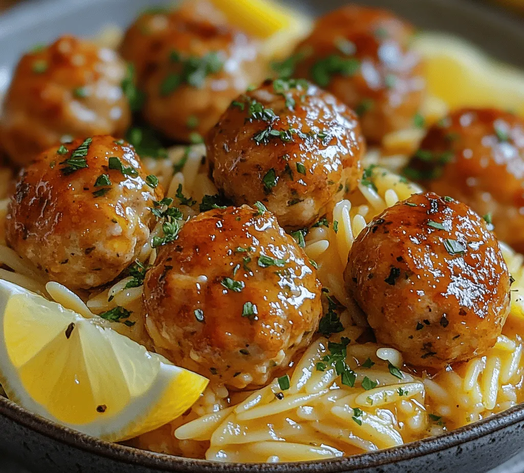 Mediterranean cuisine is a vibrant tapestry of flavors, colors, and aromas that has captivated taste buds around the world. Renowned not only for its delicious dishes but also for its health benefits, this culinary tradition emphasizes the use of fresh, wholesome ingredients. A cornerstone of many Mediterranean diets is the emphasis on lean proteins, healthy fats, and an abundance of fruits and vegetables. Among the myriad of delightful dishes hailing from this region, <strong>Greek Chicken Meatballs with Lemon Orzo</strong> stands out as a perfect representation of the cuisine’s ethos—freshness and simplicity at its best.” /></p>
</p>
<h2>Detailed Instructions for Creating the Meatball Mixture</h2>
</p>
<p>Creating the perfect meatball mixture for your Greek chicken meatballs is a harmonious blend of fresh ingredients and spices that capture the essence of Mediterranean cuisine. Start by gathering the following ingredients:</p>
</p>
<h3>Ingredients for the Meatball Mixture:</h3>
<p>– 1 pound ground chicken</p>
<p>– 1/2 cup breadcrumbs (preferably whole wheat for added texture)</p>
<p>– 1/4 cup grated parmesan cheese</p>
<p>– 1/4 cup finely chopped fresh parsley</p>
<p>– 2 cloves garlic, minced</p>
<p>– 1 teaspoon dried oregano</p>
<p>– 1 teaspoon salt</p>
<p>– 1/2 teaspoon black pepper</p>
<p>– 1/4 teaspoon crushed red pepper flakes (optional, for heat)</p>
<p>– 1 egg, lightly beaten</p>
<p>– Zest of one lemon</p>
</p>
<p><strong>Steps to Prepare the Mixture:</strong></p>
<p>1. <strong>Combine Ingredients</strong>: In a large mixing bowl, combine the ground chicken, breadcrumbs, parmesan cheese, parsley, garlic, oregano, salt, black pepper, red pepper flakes, and lemon zest.</p>
</p>
<p>2. <strong>Add Egg</strong>: Add the beaten egg to the mixture. The egg acts as a binding agent, ensuring your meatballs hold their shape during cooking.</p>
</p>
<p>3. <strong>Mix Thoroughly</strong>: Using your hands or a wooden spoon, mix the ingredients until well combined. Be careful not to overmix, as this can lead to tough meatballs.</p>
</p>
<p>4. <strong>Chill the Mixture</strong>: Cover the bowl with plastic wrap and refrigerate the mixture for at least 30 minutes. Chilling helps the flavors meld and makes shaping the meatballs easier.</p>
</p>
<h3>Tips for Achieving the Perfect Meatball Texture</h3>
<p>– <strong>Use Fresh Ingredients</strong>: Fresh herbs and spices elevate the flavor profile and texture of your meatballs.</p>
<p>– <strong>Fat Content</strong>: Ground chicken is lean, so adding breadcrumbs and cheese provides moisture and flavor. Avoid overly lean meat, as it can lead to dry meatballs.</p>
<p>– <strong>Moisture Balance</strong>: If the mixture feels too dry, add a tablespoon of chicken broth or olive oil. Conversely, if it’s too wet, incorporate more breadcrumbs.</p>
</p>
<h2>Shaping and Baking the Meatballs: Best Practices for Even Cooking</h2>
</p>
<p>After chilling the meatball mixture, it’s time to shape and bake them. Here’s how to achieve the best results:</p>
</p>
<p>1. <strong>Preheat the Oven</strong>: Preheat your oven to 400°F (200°C). This high temperature will help the meatballs brown nicely.</p>
</p>
<p>2. <strong>Shape the Meatballs</strong>: Use a cookie scoop or your hands to form meatballs about 1 to 1.5 inches in diameter. This size ensures even cooking.</p>
</p>
<p>3. <strong>Arrange on a Baking Sheet</strong>: Place the meatballs on a parchment-lined baking sheet, leaving space between each one to allow for even heat circulation.</p>
</p>
<p>4. <strong>Drizzle with Olive Oil</strong>: Lightly drizzle olive oil over the meatballs before baking. This not only prevents sticking but also enhances the flavor and promotes browning.</p>
</p>
<p>5. <strong>Bake</strong>: Bake in the preheated oven for about 20-25 minutes or until the internal temperature reaches 165°F (75°C) and the meatballs are golden brown.</p>
</p>
<h3>Importance of Olive Oil in Cooking and Enhancing Flavors</h3>
<p>Olive oil is a staple in Mediterranean cooking, known for its flavor and health benefits. It acts as a natural moisturizer for meatballs, helping to keep them juicy and tender. Additionally, its rich flavor complements the spices, elevating the overall taste of the dish.</p>
</p>
<h2>Crafting the Perfect Lemon Orzo: Cooking Techniques</h2>
</p>
<p>Now that your meatballs are baking, let’s focus on preparing the lemon orzo, which will serve as a delightful base for your dish.</p>
</p>
<h3>Preparing Orzo: Cooking Methods and Timing for Optimal Texture</h3>
<p>1. <strong>Boil Water</strong>: In a medium-sized pot, bring 4 cups of salted water to a boil. The salt enhances the orzo’s flavor as it cooks.</p>
</p>
<p>2. <strong>Cook the Orzo</strong>: Add 1 cup of orzo to the boiling water. Stir occasionally and cook for about 8-10 minutes or until al dente. Be sure to taste a few minutes before the suggested time to ensure the right texture.</p>
</p>
<p>3. <strong>Drain and Rinse</strong>: Once cooked, drain the orzo and rinse it under cold water to stop the cooking process and remove excess starch.</p>
</p>
<h3>Incorporating Flavors: The Art of Mixing Oil, Lemon, and Herbs into Orzo</h3>
<p>1. <strong>Flavor Base</strong>: In the same pot, return the drained orzo and add 2 tablespoons of extra virgin olive oil, the juice of one lemon, and a pinch of salt.</p>
</p>
<p>2. <strong>Herb Infusion</strong>: Stir in 1/4 cup of finely chopped fresh herbs, such as dill or parsley, for added flavor. This combination creates a refreshing and bright profile that perfectly complements the meatballs.</p>
</p>
<h3>Tips for Adjusting Seasoning to Personal Taste</h3>
<p>– <strong>Taste as You Go</strong>: Always taste your orzo after mixing in the oil and lemon juice, adjusting the seasoning with salt, pepper, or more lemon juice as needed.</p>
<p>– <strong>Experiment with Herbs</strong>: Feel free to experiment with different herbs or even add a sprinkle of feta cheese for a salty kick.</p>
</p>
<h2>Serving Suggestions: Presenting Your Mediterranean Dish</h2>
</p>
<p>Presentation plays a crucial role in enhancing the dining experience. Here are some tips for serving your Greek chicken meatballs and lemon orzo:</p>
</p>
<h3>Plating Techniques for a Visually Appealing Presentation</h3>
<p>– <strong>Layering</strong>: Start by placing a generous serving of lemon orzo on the plate. Then, arrange the meatballs on top or around the orzo, creating a visually appealing layout.</p>
<p>– <strong>Add Color</strong>: Brighten up the dish with colorful vegetables like roasted cherry tomatoes or grilled zucchini alongside the meatballs.</p>
</p>
<h3>Garnishing Ideas: The Role of Lemon Wedges and Fresh Parsley</h3>
<p>– <strong>Fresh Garnish</strong>: A few sprigs of fresh parsley or dill on top of the meatballs can add a pop of color and a fresh aroma.</p>
<p>– <strong>Lemon Wedges</strong>: Serve lemon wedges on the side for an extra burst of citrus, allowing guests to add more flavor to their plates.</p>
</p>
<h3>Pairing Suggestions: Complementing Drinks and Side Dishes</h3>
<p>– <strong>Wine Pairing</strong>: Consider serving your Mediterranean dish with a chilled glass of white wine, such as Sauvignon Blanc or a light red like Pinot Noir, which complements the flavors beautifully.</p>
<p>– <strong>Side Dishes</strong>: Pair with a simple Greek salad or a side of roasted vegetables for a complete meal that’s bursting with flavor.</p>
</p>
<h2>Nutritional Analysis: Health Benefits of the Recipe</h2>
</p>
<p>This Greek chicken meatball and lemon orzo dish is not only delicious but also packed with nutrients.</p>
</p>
<h3>Breakdown of Calories, Proteins, and Essential Nutrients per Serving</h3>
<p>– <strong>Calories</strong>: Approximately 450 calories per serving (includes 4 meatballs and a serving of orzo).</p>
<p>– <strong>Protein</strong>: Each serving has about 30 grams of protein, primarily from the chicken.</p>
<p>– <strong>Fiber</strong>: Whole wheat breadcrumbs add fiber, contributing to digestive health.</p>
</p>
<h3>Discussion on the Health Benefits of the Ingredients Used</h3>
<p>– <strong>Lean Protein</strong>: Chicken is a great source of lean protein, essential for muscle repair and growth.</p>
<p>– <strong>Healthy Fats</strong>: Olive oil is rich in monounsaturated fats, which are heart-healthy and can help reduce bad cholesterol levels.</p>
<p>– <strong>Vitamins and Minerals</strong>: Fresh herbs and lemon add vitamins A and C, antioxidants that support immune function.</p>
</p>
<h3>How This Dish Fits into a Balanced Diet</h3>
<p>This dish can be part of a balanced diet, offering a good mix of protein, healthy fats, and carbohydrates. It’s versatile enough to accommodate various dietary preferences, and by adjusting the portion sizes, it can fit into different dietary needs.</p>
</p>
<h2>Cultural Significance: The Role of Meatballs in Greek Tradition</h2>
</p>
<p>Meatballs, or “keftedes,” have a special place in Greek culinary tradition, often featured at family gatherings and festive occasions.</p>
</p>
<h3>Historical Context of Meatballs in Greek Households</h3>
<p>Historically, meatballs were a way for families to stretch their meat supply while creating hearty and flavorful meals. They often include various spices and herbs, reflecting regional flavors across Greece.</p>
</p>
<h3>Celebratory Occasions and Family Gatherings Involving This Dish</h3>
<p>Keftedes are commonly served during family gatherings, weddings, and holidays. They symbolize abundance and hospitality, with families sharing large platters of food, fostering a sense of community.</p>
</p>
<h3>Personal Anecdotes or Quotes from Greek Culture About Sharing Food</h3>
<p>In Greek culture, there’s a saying: “Food is love.” Sharing meals, especially those like meatballs that evoke nostalgia, is a way to connect with loved ones. Personal stories often include laughter and joy around the dinner table, highlighting the importance of food in forging relationships.</p>
</p>
<h2>Conclusion: Embracing the Mediterranean Lifestyle with Greek Chicken Meatballs and Lemon Orzo</h2>
</p>
<p>In summary, this recipe for Greek chicken meatballs and lemon orzo encapsulates the vibrant flavors and healthy ingredients characteristic of Mediterranean cuisine. The process of making these meatballs—from crafting the mixture to baking them to perfection—demonstrates that cooking can be both an art and a science.</p>
</p>
<p>As you explore and enjoy this delightful dish at home, you’ll not only savor the rich flavors but also embrace the Mediterranean lifestyle that emphasizes fresh ingredients, communal meals, and the joy of sharing food with loved ones. So gather your family and friends, serve up this delicious meal, and create your own memories around the table, celebrating the beauty of Mediterranean cuisine.</p>
</div>